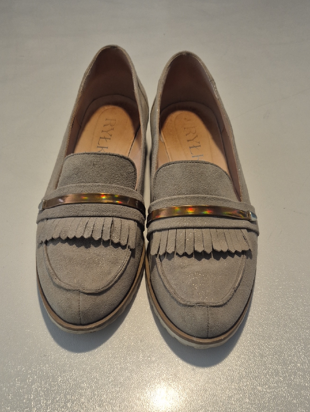 Rylko Gray-Beige Suede Fringe Loafers With Metallic Accent